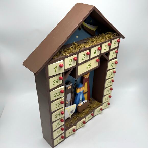 Nativity Scene Advent Calendar 25 Boxes Doors Wooden Manger Christmas Countdown - Picture 8 of 11
